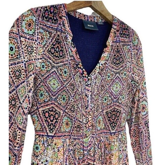 Anthropologie Maeve Sleeved Amethyst Smocked Button Up Bodice Dress Boho Fall SP - Picture 3 of 12